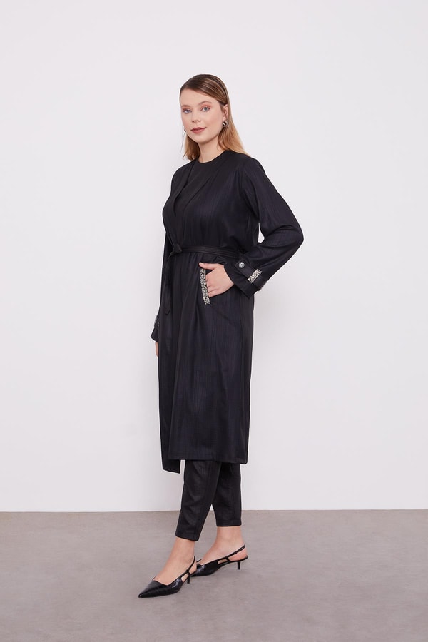 LevidorLevidor Siyah İşlemeli  Melanj Kimono Üçlü Takım