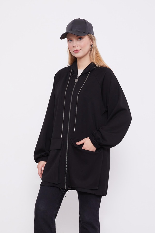 LevidorLevidor Siyah Kapüşonlu Taşlı İp Detaylı Kap