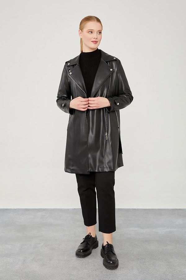 LevidorLevidor Siyah Kemerli Uzun Deri Ceket