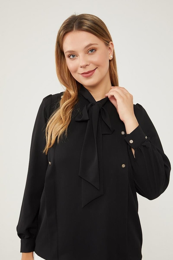 LevidorLevidor Siyah Kendinden Fular Bağlamalı Şifon Gömlek