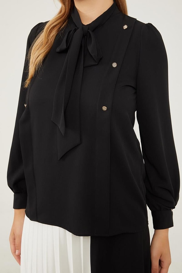 LevidorLevidor Siyah Kendinden Fular Bağlamalı Şifon Gömlek