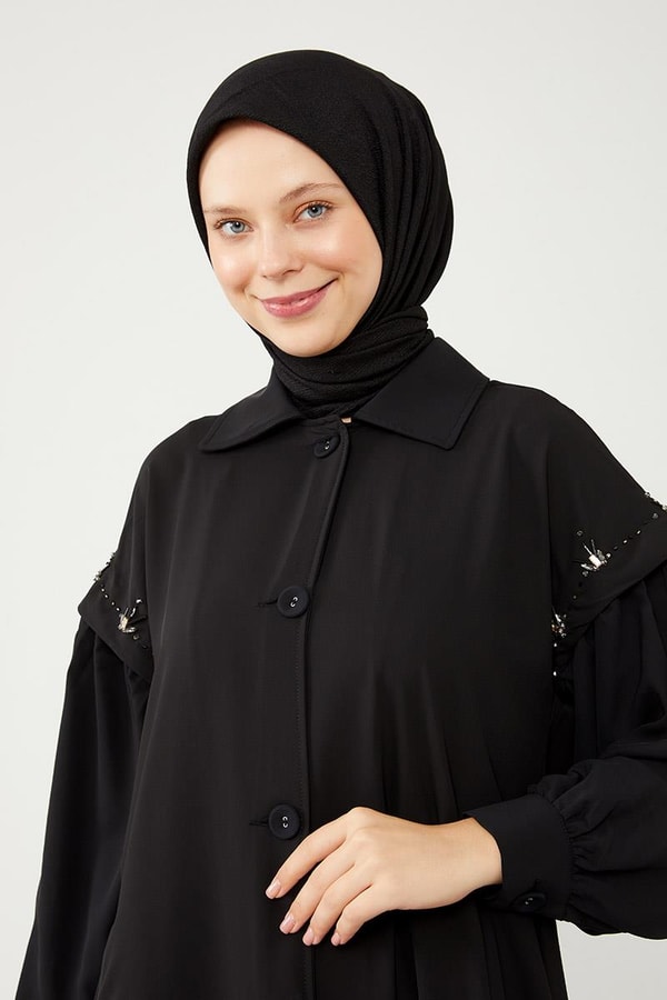 LevidorLevidor Siyah Kolları Taş Detaylı Ferace