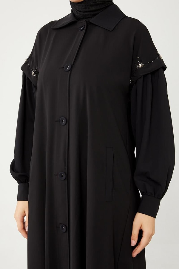 LevidorLevidor Siyah Kolları Taş Detaylı Ferace