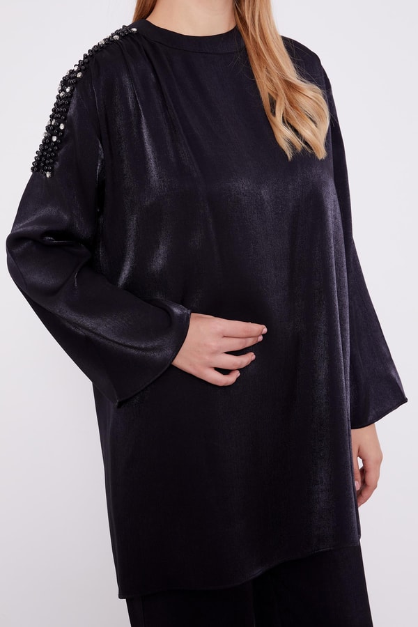 LevidorLevidor Siyah Omuz İşlemeli Saten İkili Takım