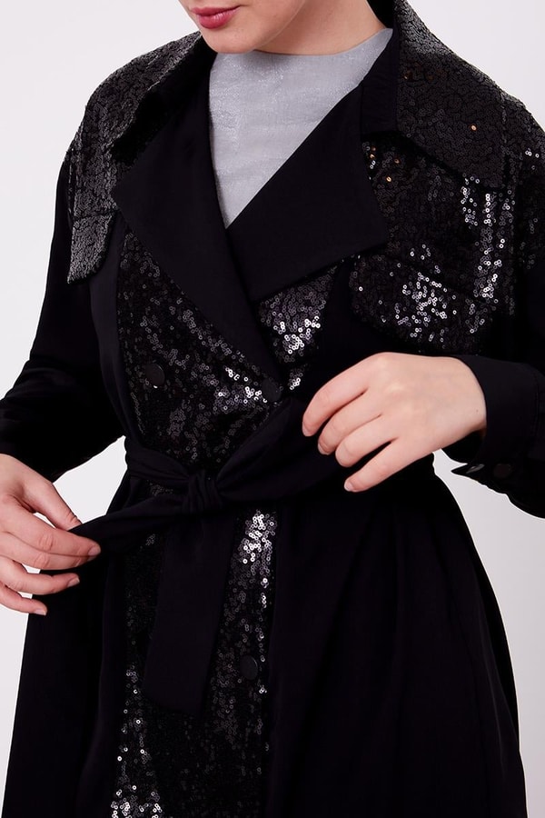 LevidorLevidor Siyah Payet İşlemeli Kuşak Bağlamalı Ceket Takım