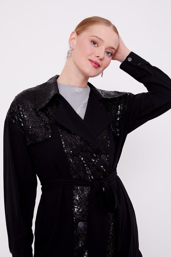 LevidorLevidor Siyah Payet İşlemeli Kuşak Bağlamalı Ceket Takım