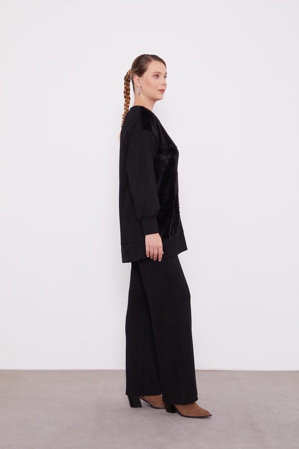 LevidorLevidor Siyah Peluş Detaylı Kaşmir İkili Takım