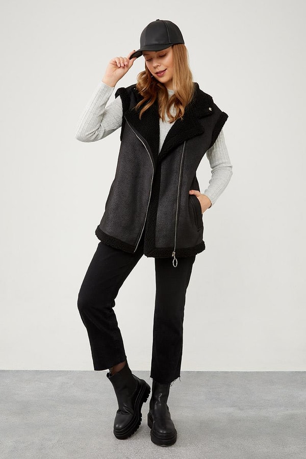 LevidorLevidor Siyah Peluş içli Deri Yelek