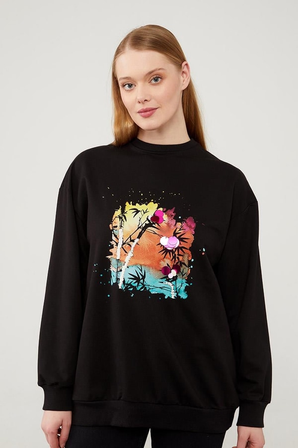 LevidorLevidor Siyah Pul İşlemeli Baskılı Sweatshirt