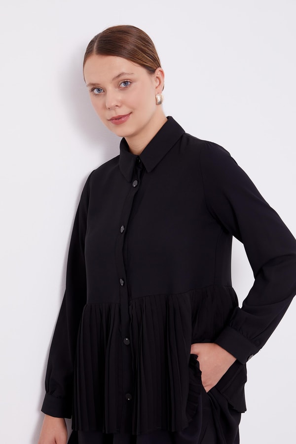 LevidorLevidor Siyah Şifon Pileli Gömlek İkili Takım