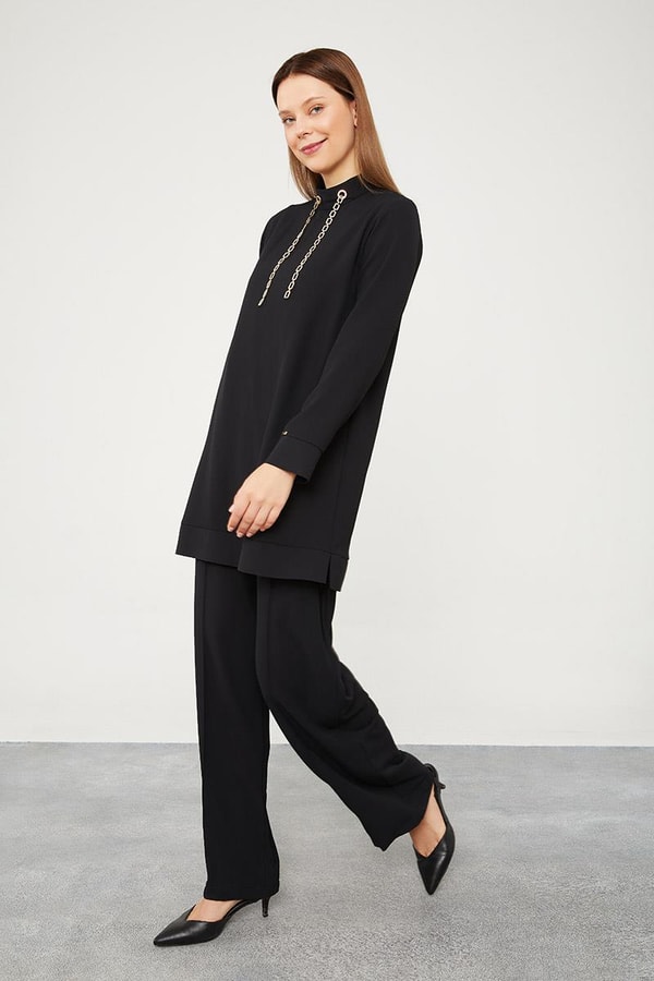 LevidorLevidor Siyah Taş Zincir Aksesuarlı İkili Takım