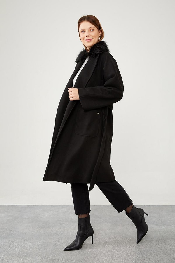 LevidorLevidor Siyah Yakası Kürt Detaylı Kuşak Bağlamalı Kaşe Kaban