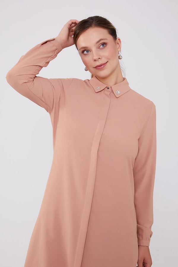 LevidorLevidor Somon Yakası Taşlı Uzun Gömlek