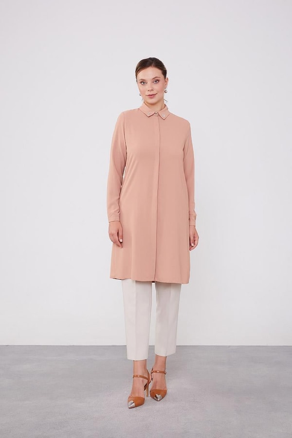 LevidorLevidor Somon Yakası Taşlı Uzun Gömlek