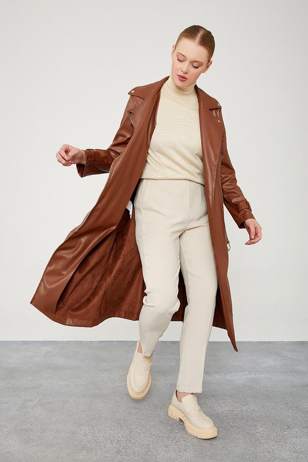 LevidorLevidor Taba Astarsız Zımba Detaylı Deri Trençkot