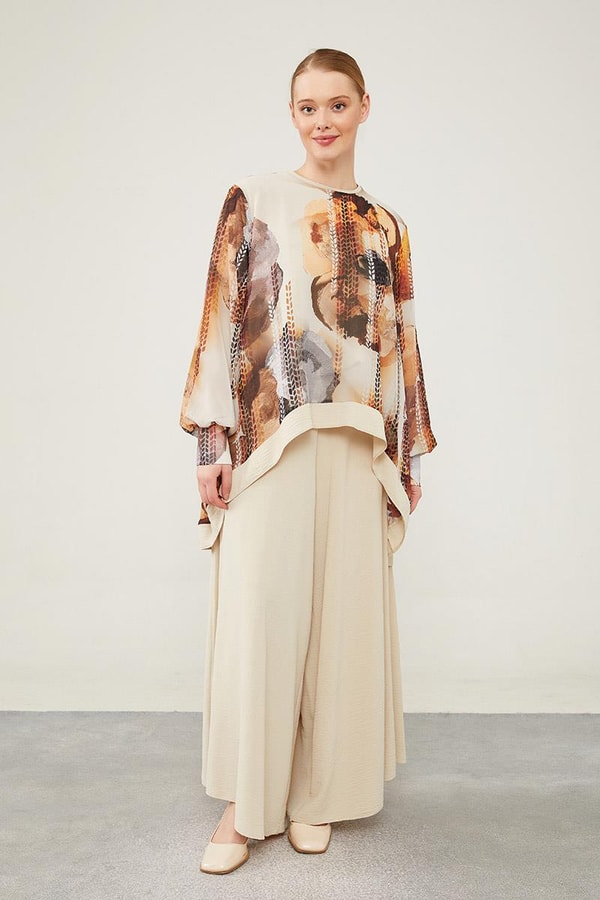 LevidorLevidor Taba Çiçek Baskılı Pantolonlu Bluz Takım