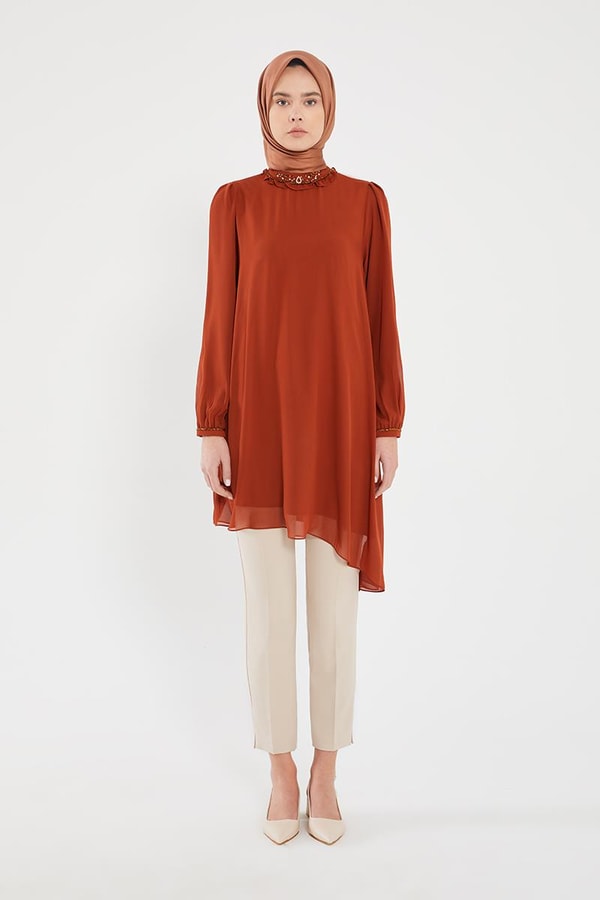 LevidorLevidor Tarçın Yakası İşlemeli Şifon Abiye Tunik