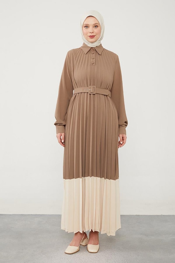 LevidorLevidor Vizon Pliseli Çift Renk Kemerli Elbise