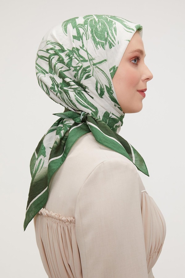 LevidorLevidor Yeşil Çiçek Soyut Desen Modal İpek Eşarp