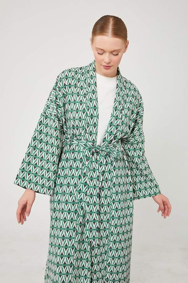 LevidorLevidor Yeşil Desenli Keten Kuşak Bağlamalı Kimono Takım