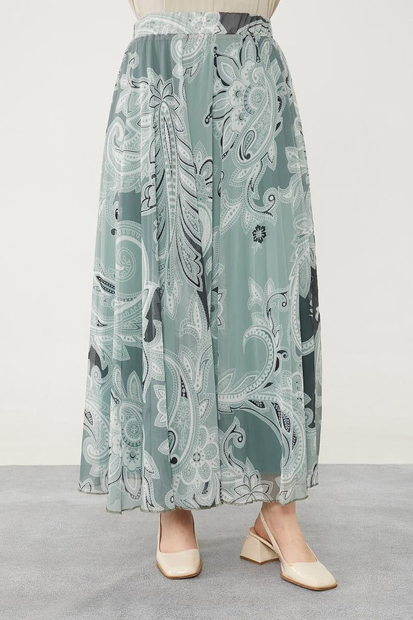 LevidorLevidor Yeşil Pliseli Çiçek Desen Şifon Etek