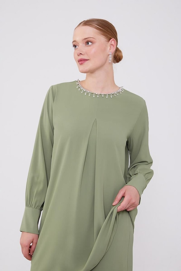 LevidorLevidor Yeşil Yakası Taş İşlemeli Şifon Tunik Takım