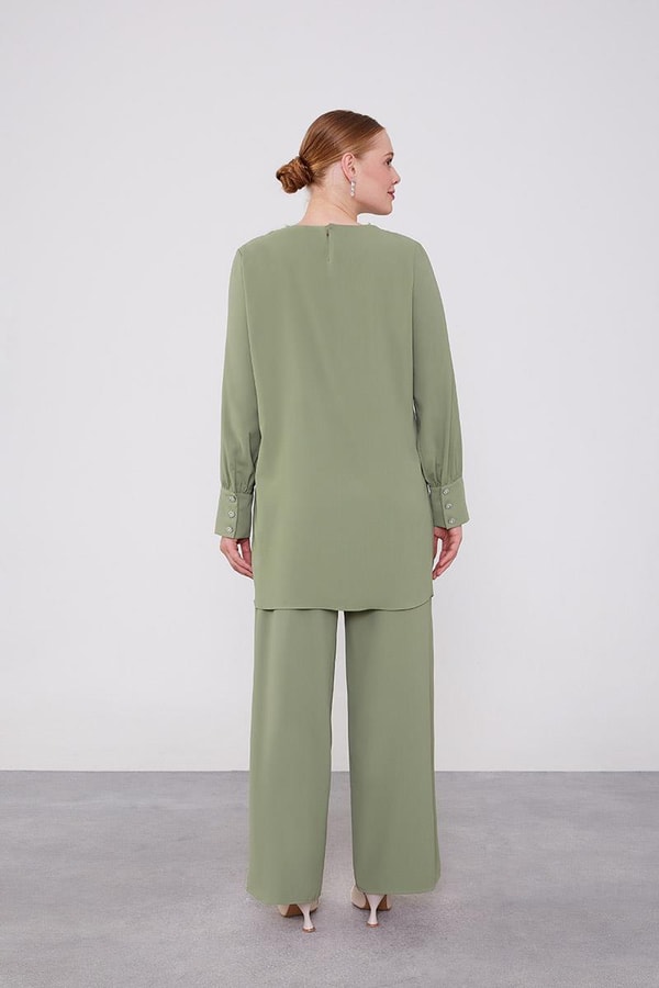LevidorLevidor Yeşil Yakası Taş İşlemeli Şifon Tunik Takım