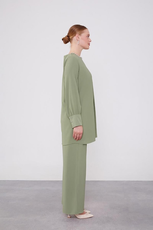 LevidorLevidor Yeşil Yakası Taş İşlemeli Şifon Tunik Takım