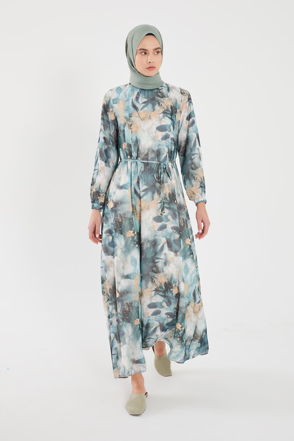 LevidorLevidor Yeşil YAPRAK DESEN ŞİFON ELBİSE