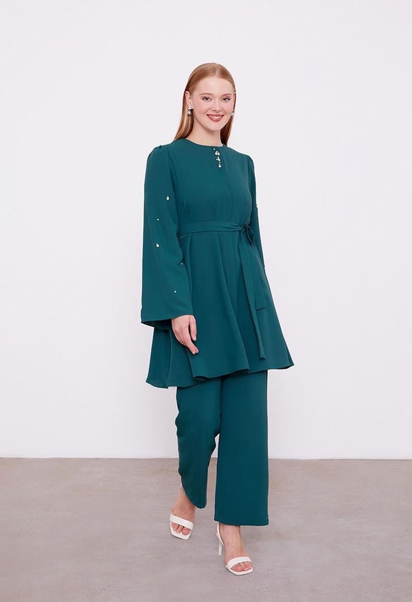 LevidorLevidor Zümrüt Bisiklet Yaka Taş Detaylı İkili Takım