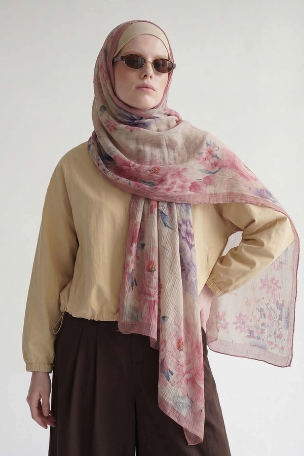 LevidorLila Çiçek Desen Müslin Şal