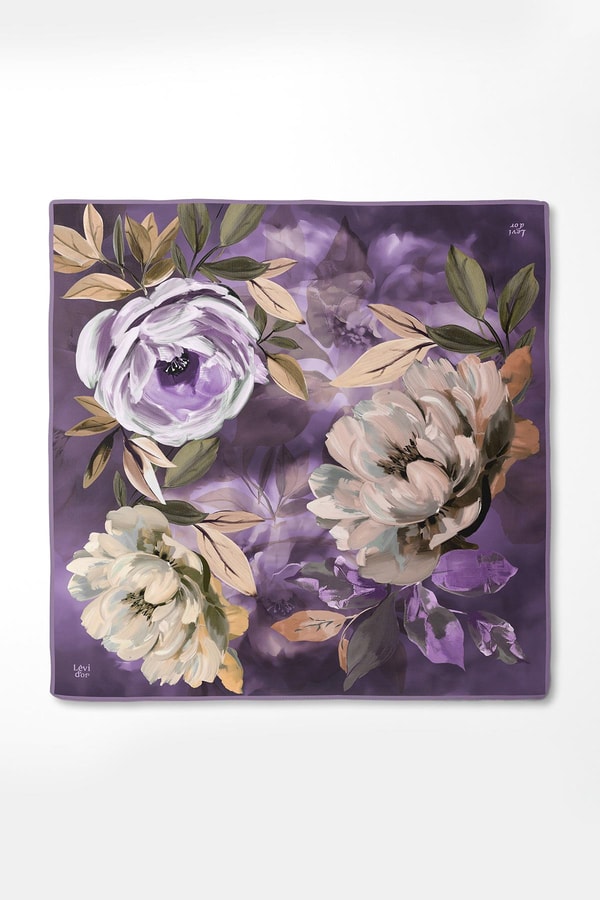 LevidorLila Çiçek Desenli Twill İpek Eşarp