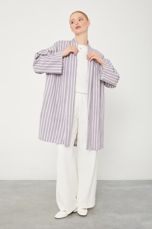 LevidorLila Çizgili Desen Kimono Takım
