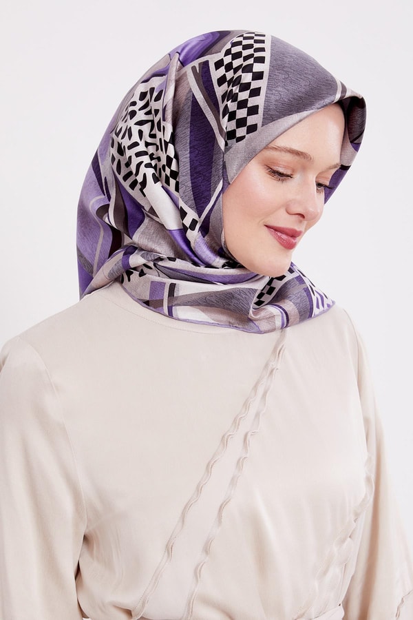 LevidorLila Dama Desen Twill İpek Eşarp
