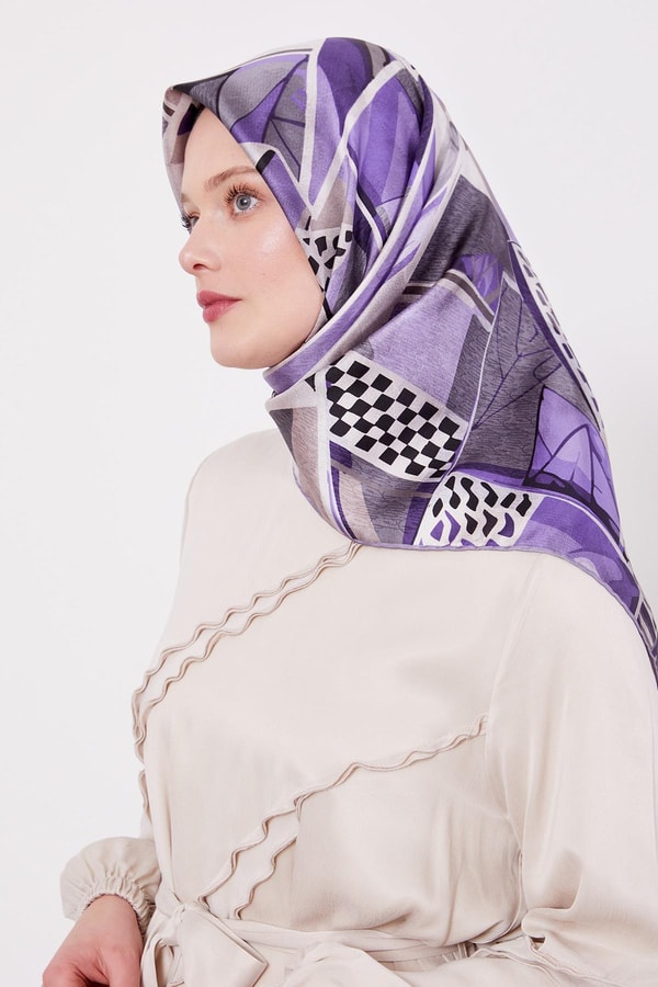 LevidorLila Dama Desen Twill İpek Eşarp