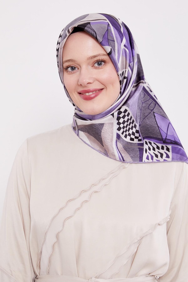 LevidorLila Dama Desen Twill İpek Eşarp