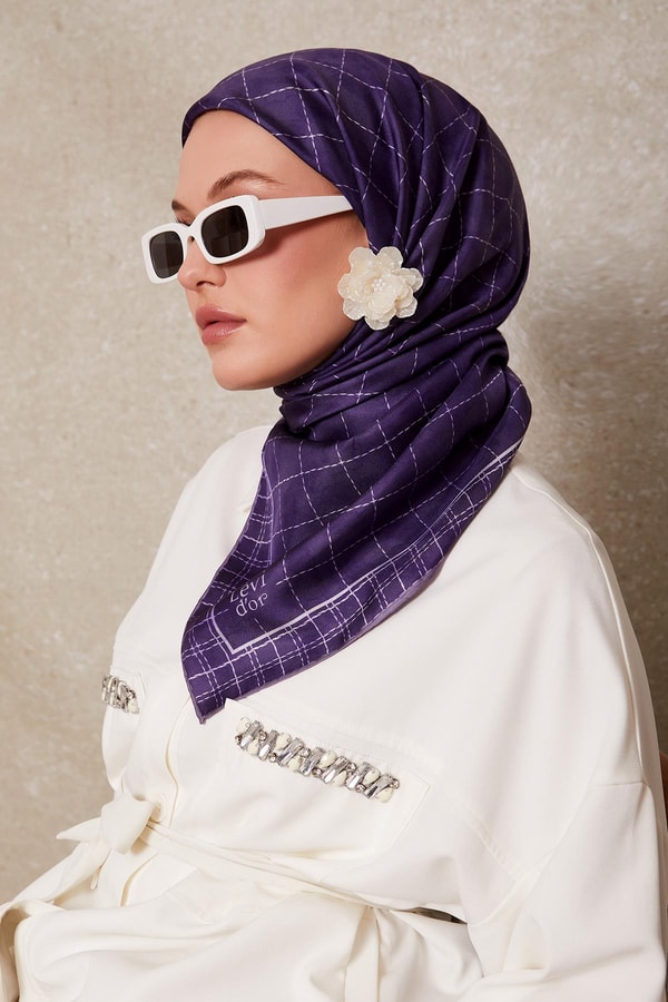 LevidorLila Kareli Twill İpek Eşarp