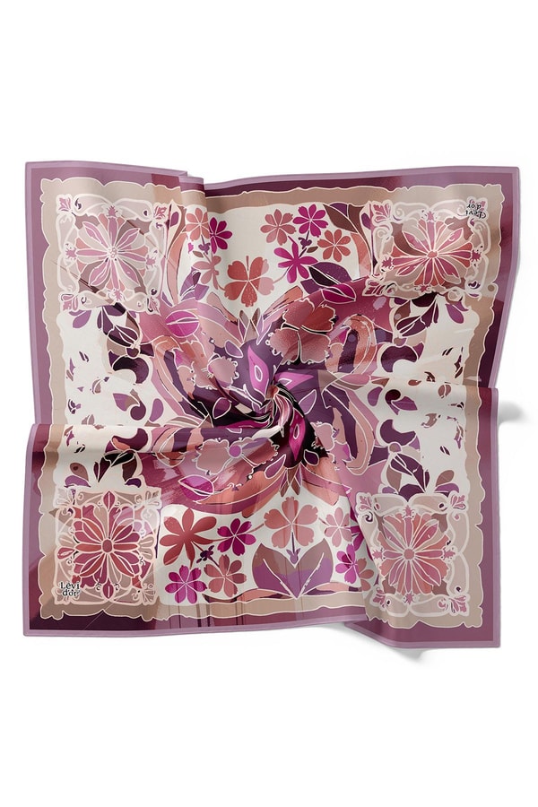LevidorLila Karışık Çiçek Desen Twill İpek Eşarp