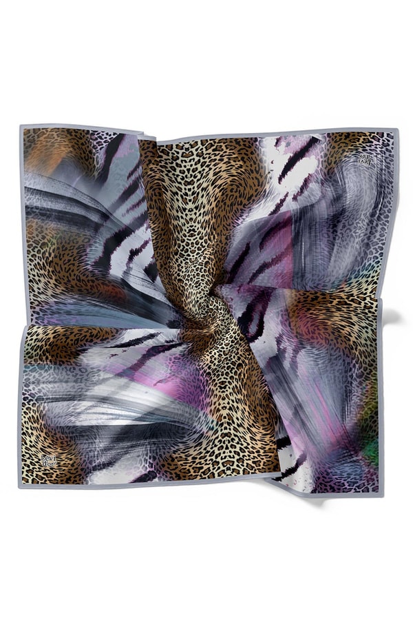 LevidorLila Karışık Leopar Desen Twill İpek Eşarp