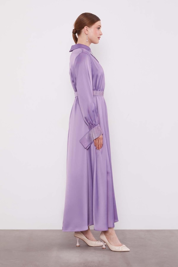 LevidorLila Taş Detaylı Saten Elbise