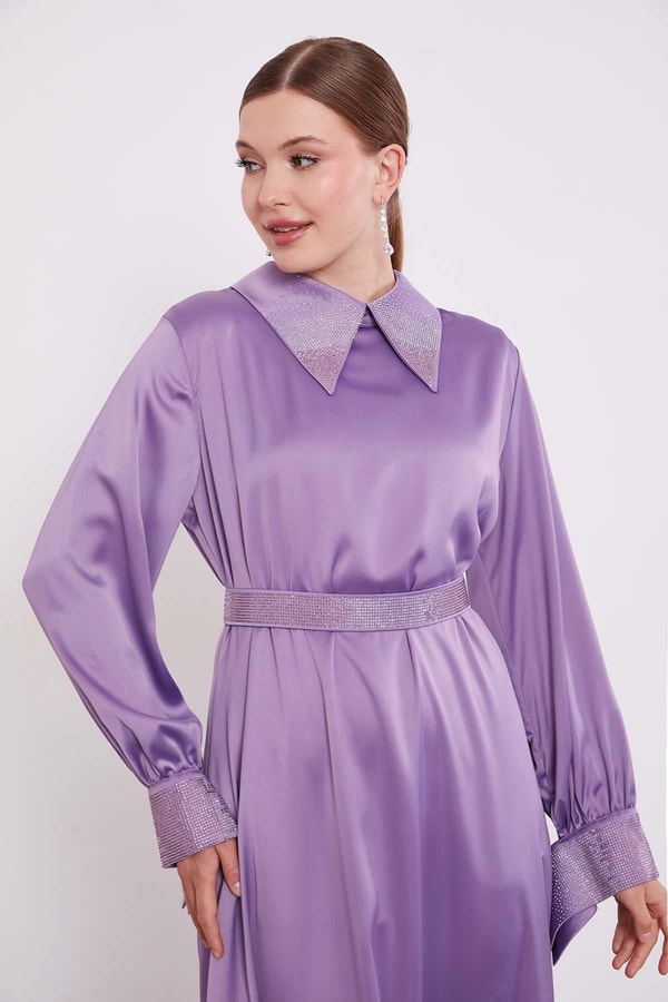 LevidorLila Taş Detaylı Saten Elbise
