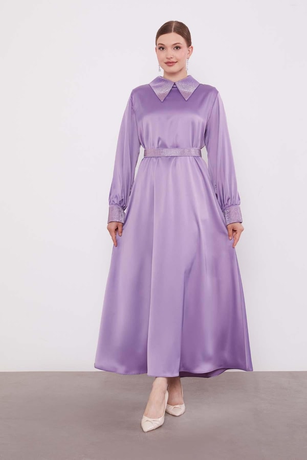 LevidorLila Taş Detaylı Saten Elbise