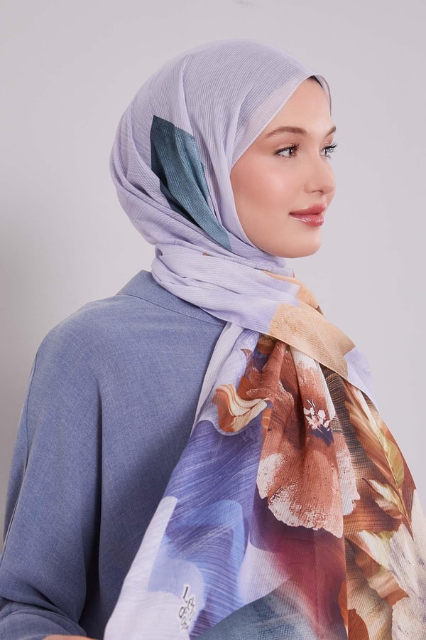 LevidorMavi Çiçekli Çizgili  Pamuk Şal