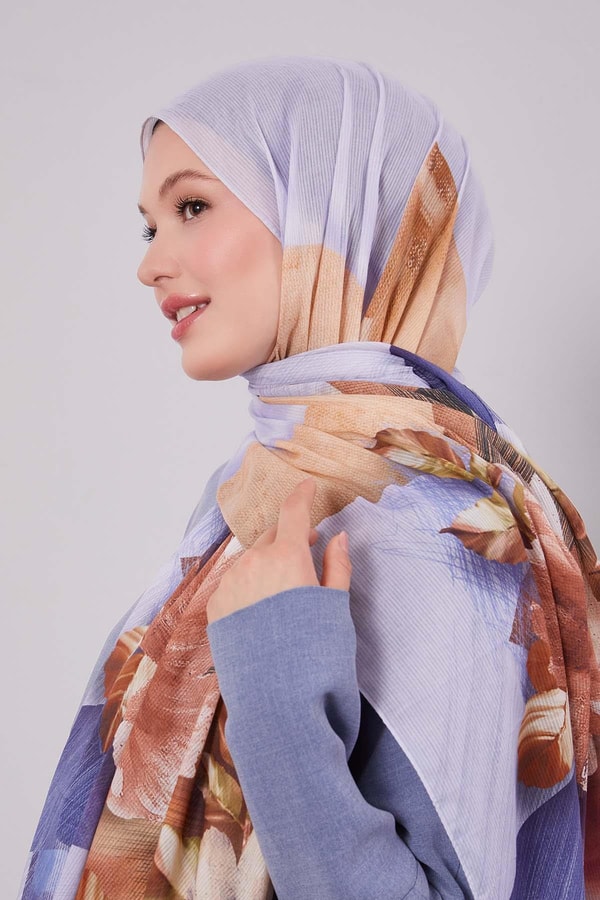 LevidorMavi Çiçekli Çizgili  Pamuk Şal