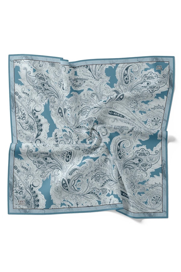 LevidorMavi Çizim Etnik Desen Twill İpek Eşarp