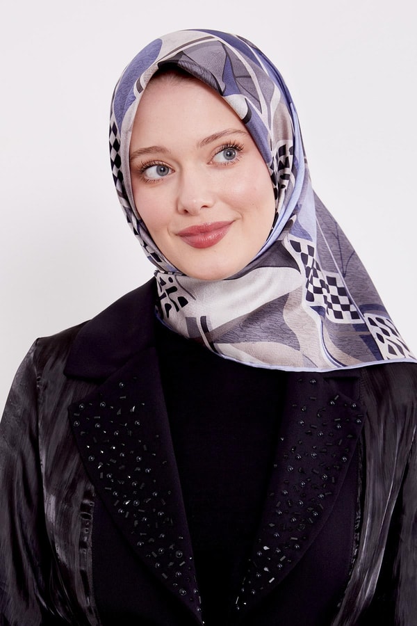 LevidorMavi Dama Desen Twill İpek Eşarp
