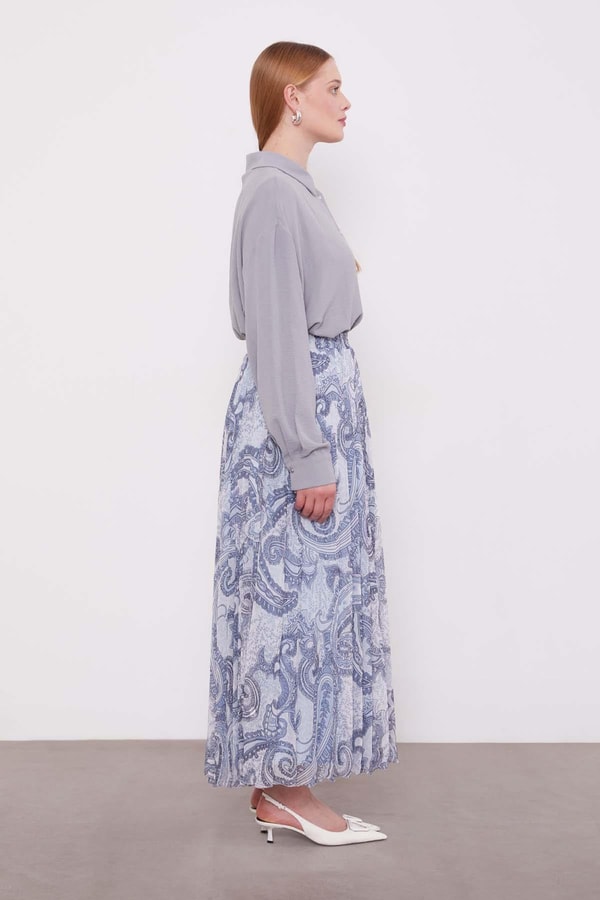 LevidorMavi Etnik Desen Piliseli Etek