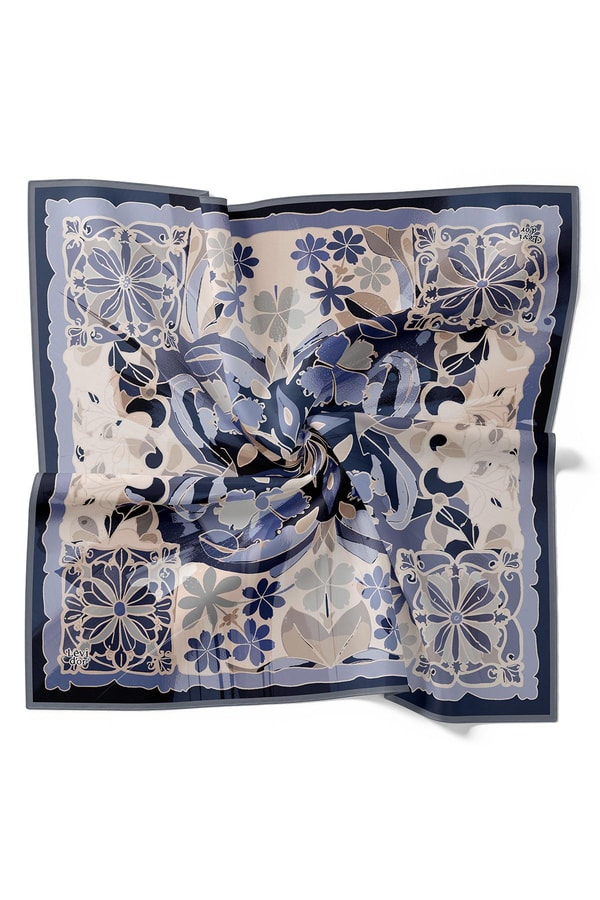 LevidorMavi Karışık Çiçek Desen Twill İpek Eşarp