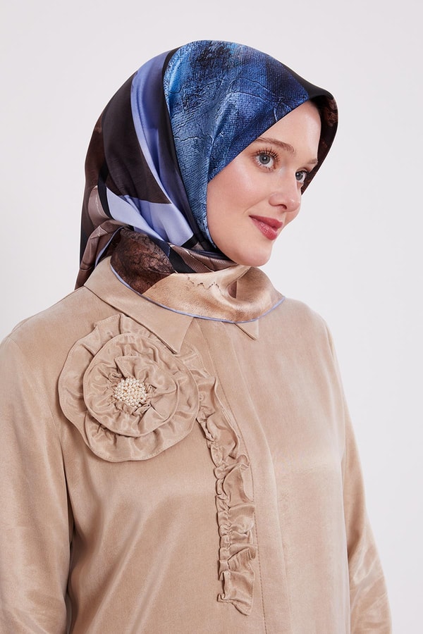 LevidorMavi Karışık Desen Twill İpek Eşarp