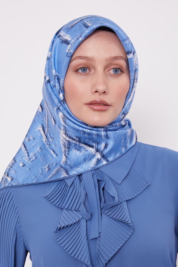 LevidorMavi Karışık Fırça Desen Twill İpek Eşarp